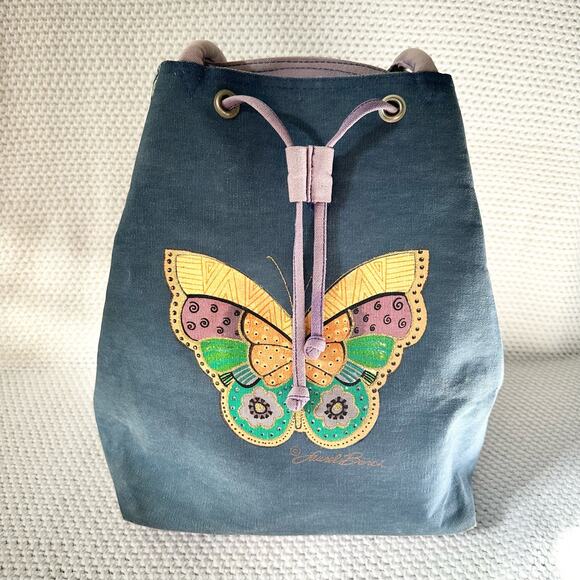 Laurel Burch Blue Denim Purple Drawstring Pull Handpainted Butterfly Backpack - Picture 10 of 13